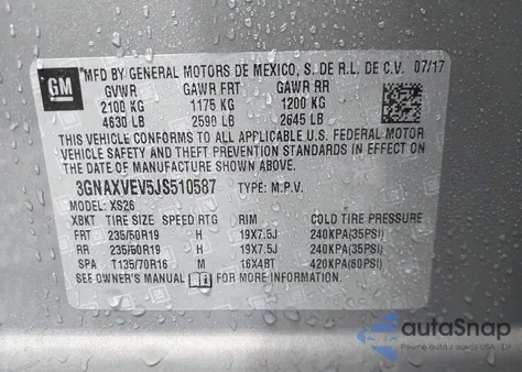 2018 Chevrolet Equinox Premier из США, поврежденный, VIN 3GNAXVEV5JS510587